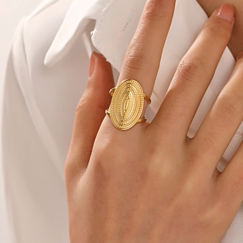 Edelstahl Oval Geometrischer Ring Verstellbar Offen 18K Vergoldet Vintage Boho Schmuck Für Damen