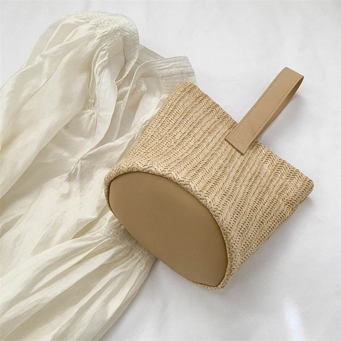 Borsa A Secchiello Intrecciata In Paglia Con Manico In Pelle PU Estate Spiaggia Vacanze Mini Borsa A Mano Casual Fresca Donne