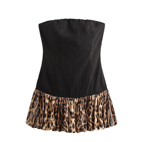 Tube Top Mini Dress Leopard Print Sequin Patchwork Strapless Slim Fit Party Bodycon For Women
