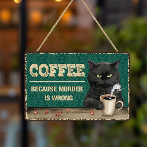 Vintage Cat Coffee Poplar Wood Sign Humor Black Cat Plaque Wall Decor For Kitchen Cafe Home Retro Pet Lover Gift