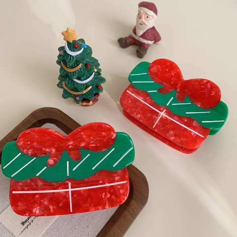 Christmas Gift Box Shape Acetate Hair Claw Clip Festive Red Green Marble Pattern Bow Hair Accessory For Women Holiday Styling