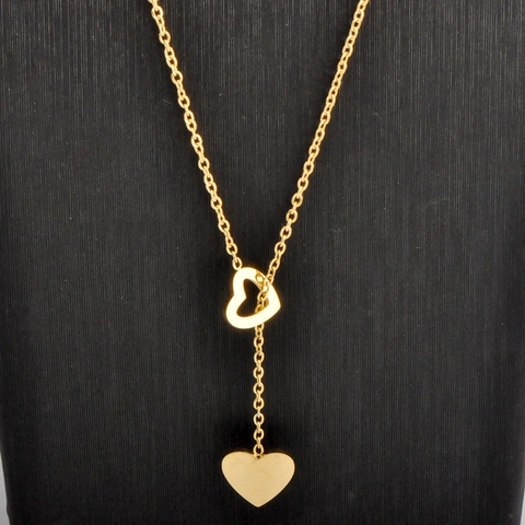Minimalist Titanium Steel Heart Pendant Necklace For Women Gold Plated Y-shape Double Love Heart Charm Clavicle Chain Jewelry