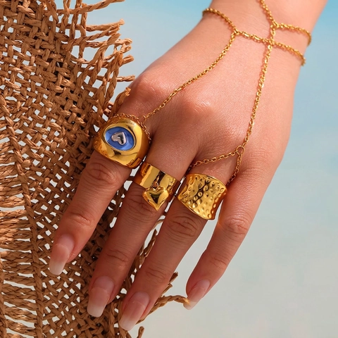 Anello A Cuore In Acciaio Inossidabile Cupola Larga Placcato Oro 18K Smalto Blu Olio Retro Y2K Gioielli Per Donne