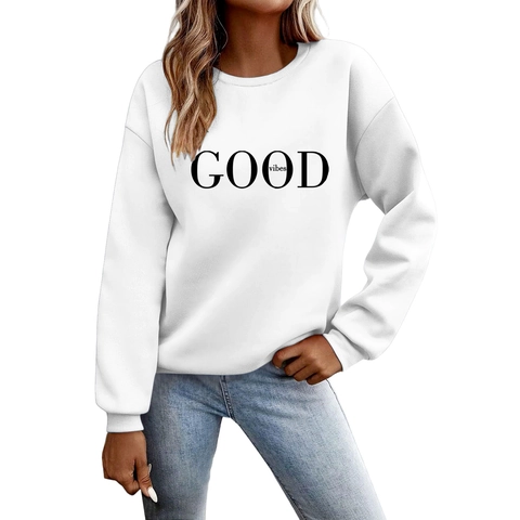 Men Sweatshirt Good Vibes Letter Print Polyester Long Sleeve Crew Neck Casual Streetwear Hoodie Pullover Top