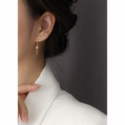 Star Moon Tassel Earrings With 925 Sterling Silver Earring Post Asymmetric Zircon Chain Jewelry For Women