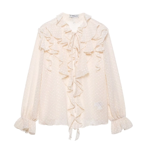 Polka Dot Chiffon Blouse Ruche Trim Strik Hals Lange Bel Mouw Elegante Zoete Pullover Top Voor Dames