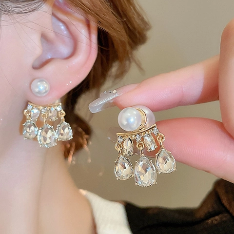 Waterdrop Imitation Artificial Pearl Stud Earrings With 925 Sterling Silver Earring Post Alloy Rhinestone Elegant Jewelry For Women