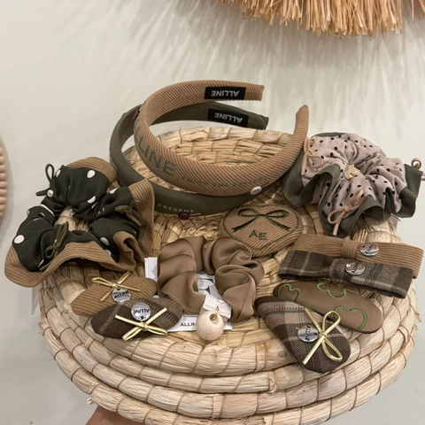 Juego De Accesorios Para El Cabello Para Mujer Verde Marrón Lunares Cuadros Tela Diadema Scrunchie Lazo Clip Elegante Retro