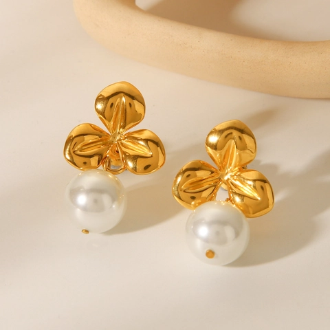 Orecchini Vintage A Fiore E Perla Artificial In Acciaio Inossidabile Placcato Oro 18K Gioielli Floreali Eleganti Per Donne