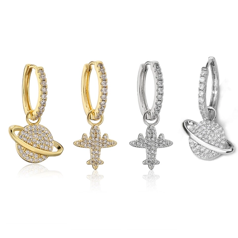 Orecchini a Cerchio Creativi a Forma di Pianeta e Aereo per Donna Rame Micro Intarsiato Zirconia Oro Argento Gioielli Astronomia