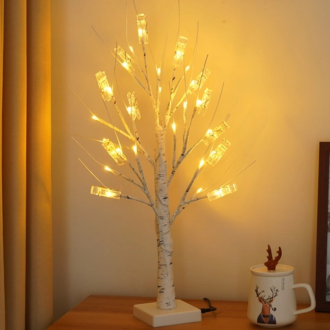 LED Birch Tree Light With Photo Clips Warm White Light USB Battery Powered Adjustable Branches For Desktop Holiday Decor