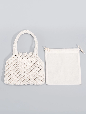 Bolso de Mano de Algodón Tejido a Mano para Mujer Estilo Bohemio Calado de Red de Playa Con Bolsa Interior Vacaciones Viaje Hombro