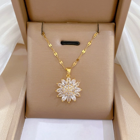 Sunflower Pendant Necklace Gold Stainless Steel Copper Cubic Zirconia Elegant Jewelry For Women Banquet