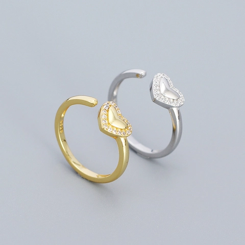 Anillo Abierto de Corazón de Plata de Ley 925 para Mujer Elegante Anillo de Corazón Con Strass Incrustado Ajustable Joyería Dulce