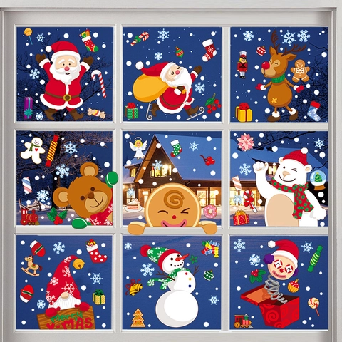 Stickers De Fenêtre De Noël PVC Statique Père Noël Bonhomme De Neige Renne Flocon De Neige Dessin Animé Autocollants Verre Décor Fête