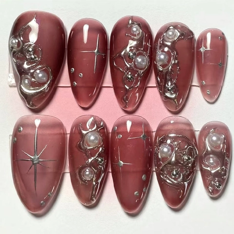 Unghie Finte Press On Star Dark Punk Con Linee Metallo Liquido 3D E Künstliche Perle Unghie Artificiali Irregolari Donne