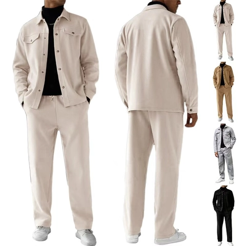 Veste Et Pantalon Décontractés Pour Hommes Col À Revers Manches Longues Maille Polyester Poches Mode Coupe Ample
