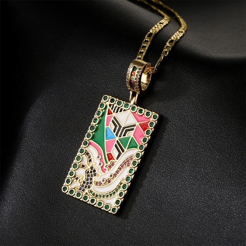 Collana Con Ciondolo Pittura Ad Olio Rettangolare Rame Placcato Oro Zircone Smalto Colorato Arte Astratta Gioielli Per Donne