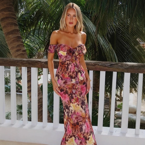 Sexy Off Shoulder Maxikleid Floral Leopard Print Ruffle Trim Bodycon Rückenfrei Tropischer Urlaub Sommer Damen
