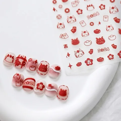 Dragon Year Nail Art Stickers 3D Embossed Chinese New Year Red Lucky Character Relief Adhesive Manicure Decor For Women