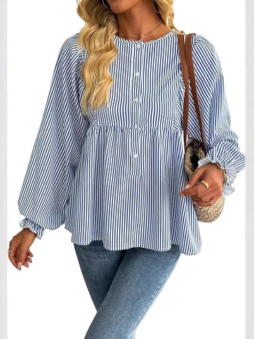 Dames Gestreepte Blouse Polyester Lange Pofmouwen Ruches Manchet Ronde Hals Elegant Casual Woon-Werkverkeer Top