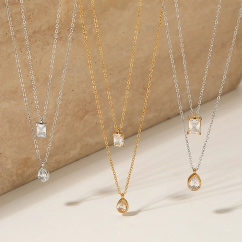 Collier Double Couche En Acier Inoxydable Avec Pendentifs En Zircone Rectangulaires Et En Forme De Goutte Bijoux Femme