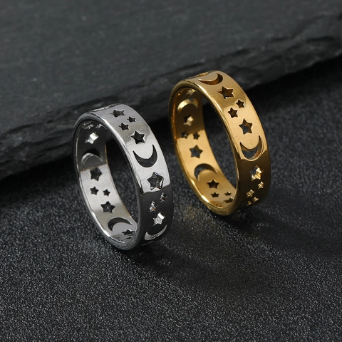 Stern Mond Hohl Edelstahl Ring Vintage Mode Band Für Männer Und Frauen Retro Himmlischer Schmuck