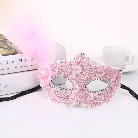 Máscara De Mascarada De Encaje Veneciano Con Pluma Lateral Y Lentejuelas Princesa Fiesta Carnaval Halloween Accesorio