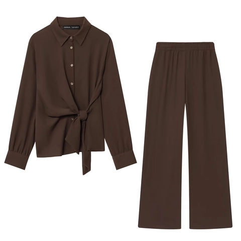 Women Long Sleeve Tie Front Shirt And Wide Leg Pants Casual Elegant Streetwear Polyester Crinkle Fabric Solid Color