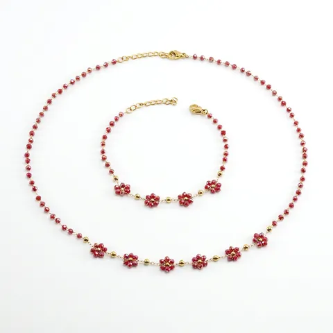 Gioielli Bohémien Fiore Perle Di Cristallo Sfaccettate Collana Bracciale Acciaio Inossidabile Placcato Oro 18K Elegante Donna