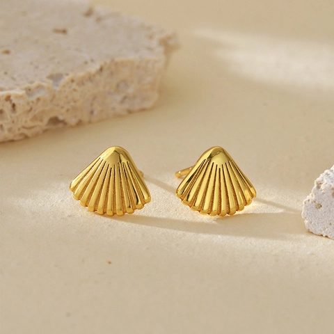 925 Sterling Silver Shell Stud Earrings Fan Shaped Geometric Minimalist Gold Plated Vacation Jewelry For Women