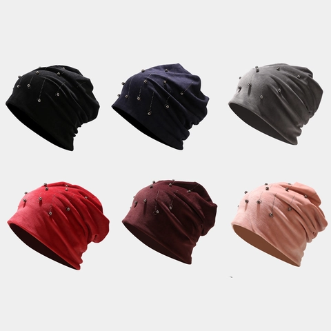 Gorro Beanie Caído Terciopelo Perla Artificial Diamante De Imitación Cálido Doble Capa Pullover Invierno Otoño Casual Para Mujeres