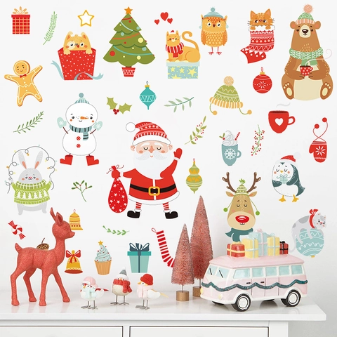 Christmas Stickers PVC Cartoon Santa Snowman Reindeer Penguin Window Clings Festive Home Wall Glass Decoration Novelty