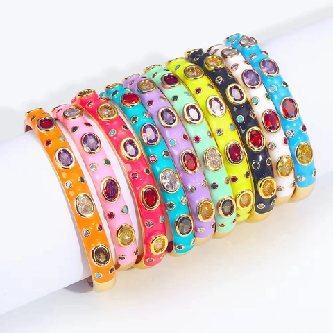 Western Luxurious Copper Inlaid Colorful Zirconia Open Bangle Enamel Dripping Oil Bracelet Fashion Jewelry For Women