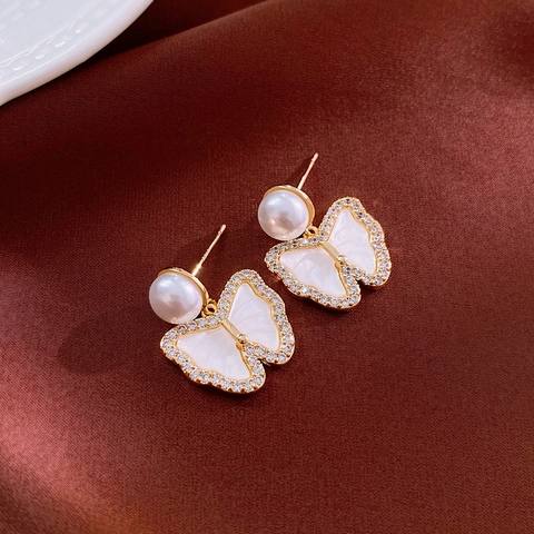 Orecchini A Farfalla Con Perno In Argento Rame Placcato Oro Zircone Imitazione Perla Artificial Gioielli Eleganti Per Donna