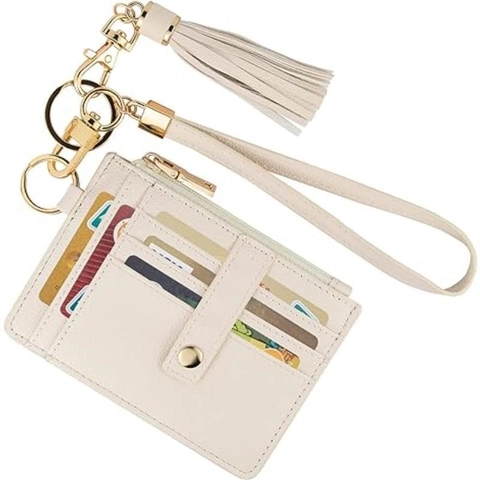 Porta Carte In Pelle PU Da Donna Portafoglio Portachiavi Sottile Con Cinturino Da Polso Con Nappina Rimovibile Grana Litchi