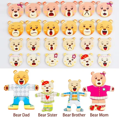 Montessori Wooden Magnetic Dressing Puzzle Lacing Toy Cartoon Bear Rabbit Toddler Educational Learning Game Storage Box