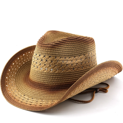 Western Cowboy Straw Hat Breathable Sun Protection Outdoor Travel Retro Jazz Cap With Wind Rope And Wood Beads