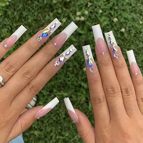 Unghie Finte A Pressione Francesi Bianche Forma Bara Lunga Con Strass Base Rosa Nude Per Donne Manicure