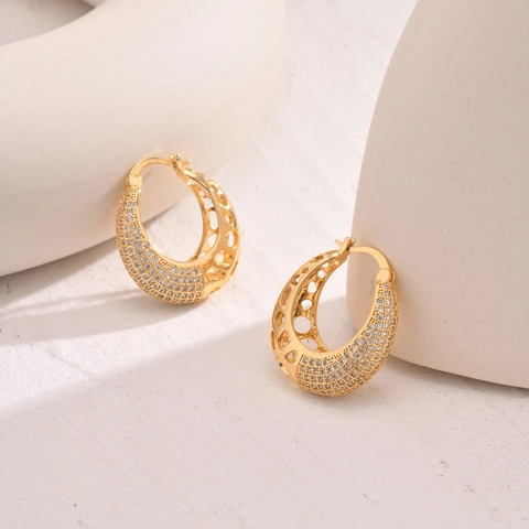 Vintage French Copper Hollow Hoop Earrings With Rhinestone Elegant Gold Geometric Earrings For Women Jewelry Gift