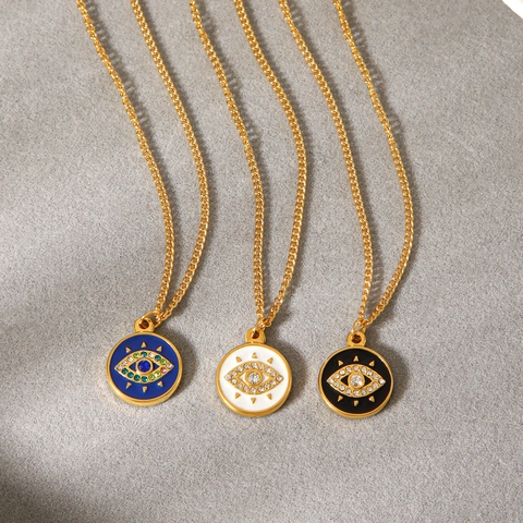 Evil Eye Pendant Necklace Stainless Steel Rhinestone Enamel Gold Plated Round Zircon Bohemian Jewelry For Women