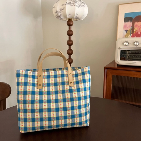 Borsa Tote A Quadretti In Tela Di Cotone Borsa A Mano Plaid Con Manico In Pelle Chiusura A Zip Borsa Casual Quotidiana Donna