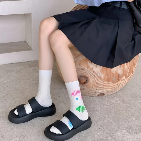 Damen Mode Crew Socken Bunte Farbspritzer Muster Gekämmte Baumwolle Gerippt Mittellang Lässig Atmungsaktiv