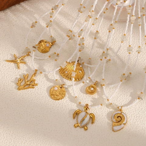 Collana Tema Oceano Acciaio Inossidabile Perline Bianche Spiaggia Estate Ciondoli Stella Marina Conchiglia Tartaruga Donne