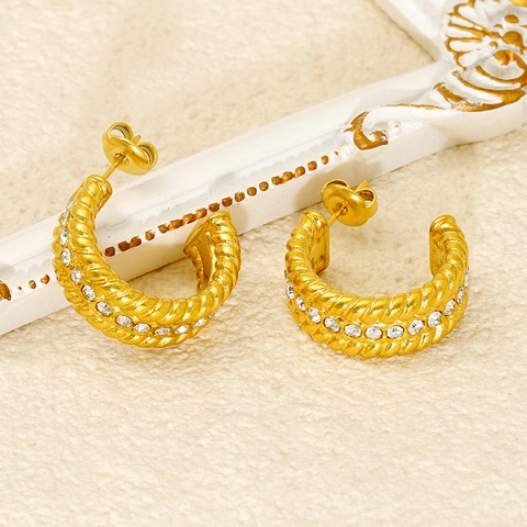 Boucles D'oreilles Créoles C En Acier Inoxydable Plaqué Or 18K Texture Corde Torsadée Zircon Géométrique Pour Femmes