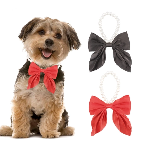 Pet Faux Artificial Pearl Necklace With Rhinestone Heart Pendant Adjustable Bowknot Collar For Cat Small Dog Party Dress Up Jewelry