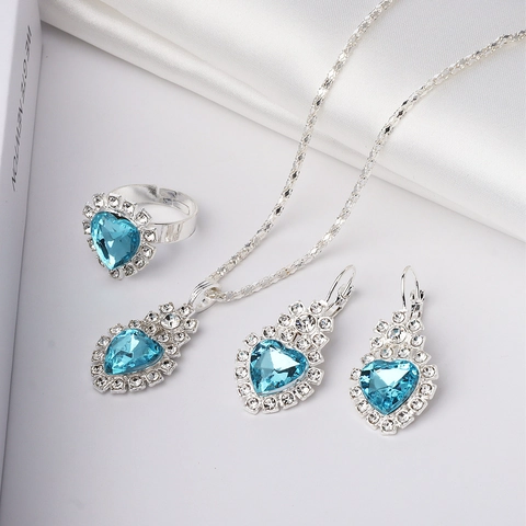 Gioielli A Forma Di Cuore Collana Orecchini E Anello Lega Strass Tonalità Argento Per Donna Moda