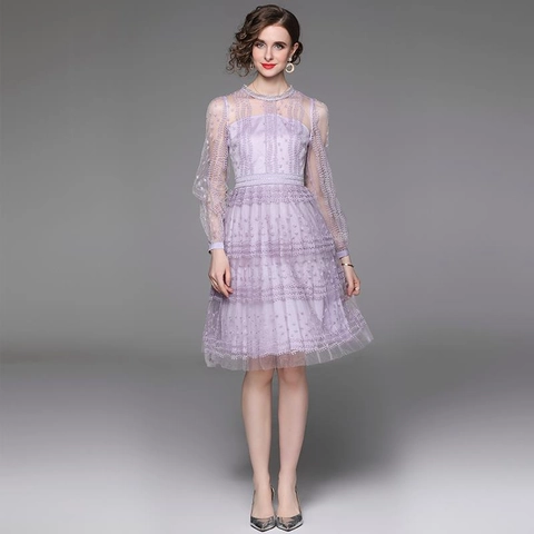 Elegante Abito Midi In Pizzo Viola Ricamo Mesh Maniche Lunghe Girocollo Perla Artificial Gonna A Balze Per Donna