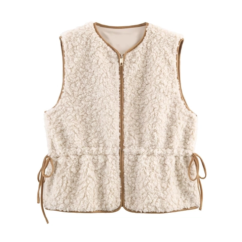 Women Faux Lamb Wool Vest Round Neck Zip Up Adjustable Waist Sherpa Fleece Gilet Retro Casual Outerwear