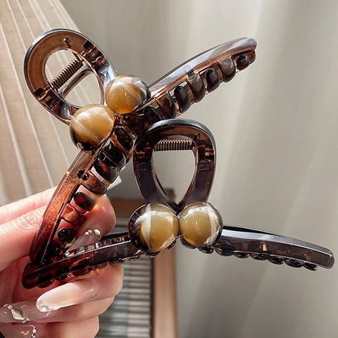 Large Hair Claw Clip Acrylic Resin Faux Artificial Pearl Heart Rhinestone Tortoiseshell Amber Coffee Minimalist Retro For Women
